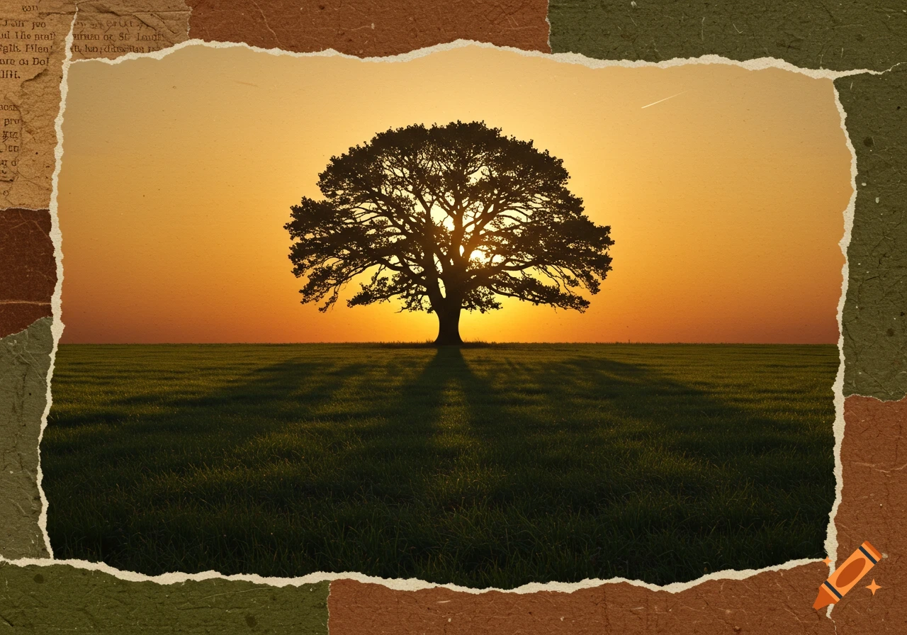 A silhouetted tree stands in a green field against an orange sunset, framed by torn paper collage elements.