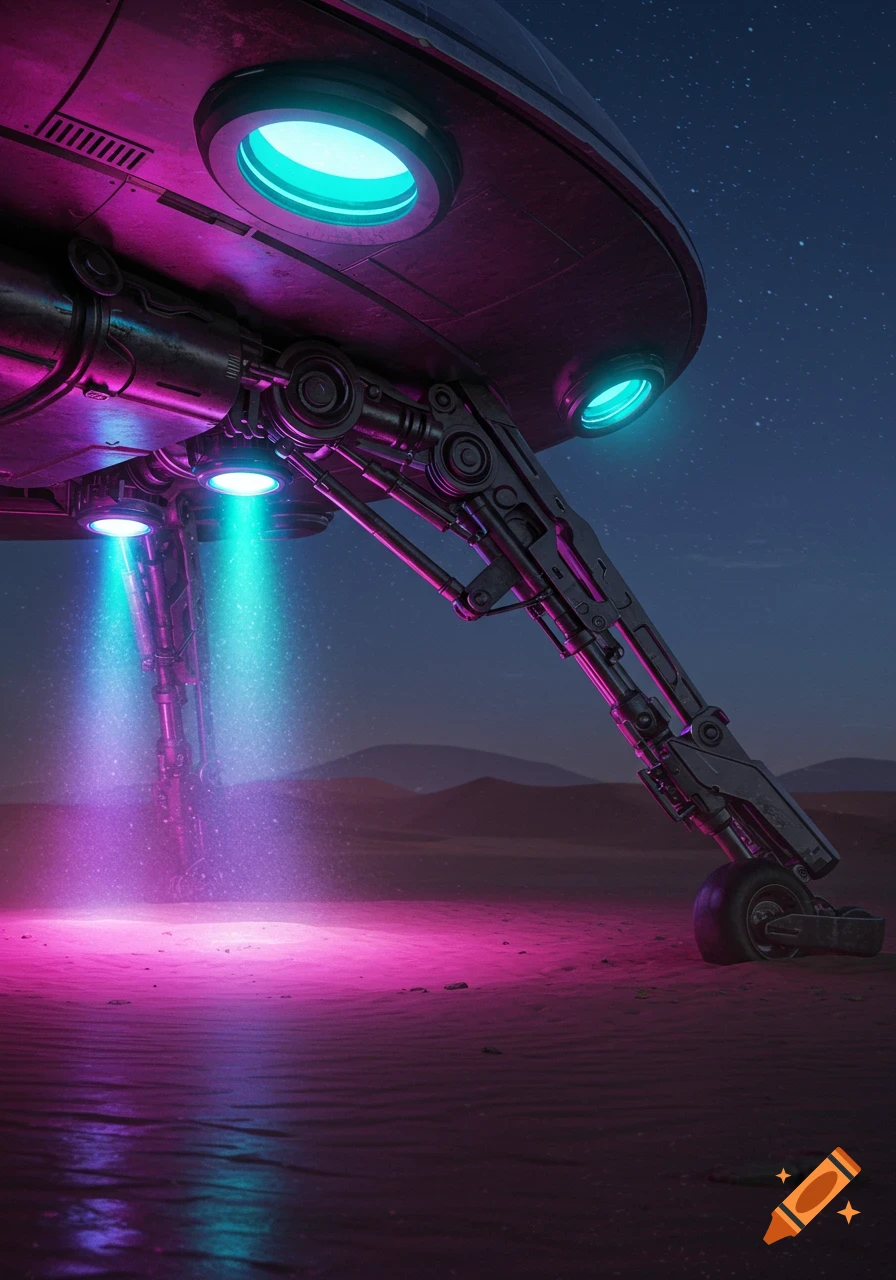 Close-up of a futuristic UFO landing gear with vibrant pink and blue lights on a desert landscape at night.