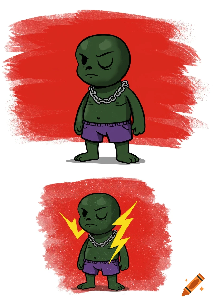 Two panels show a grumpy green cartoon creature in purple shorts and a chain; the bottom panel includes yellow lightning bolts.