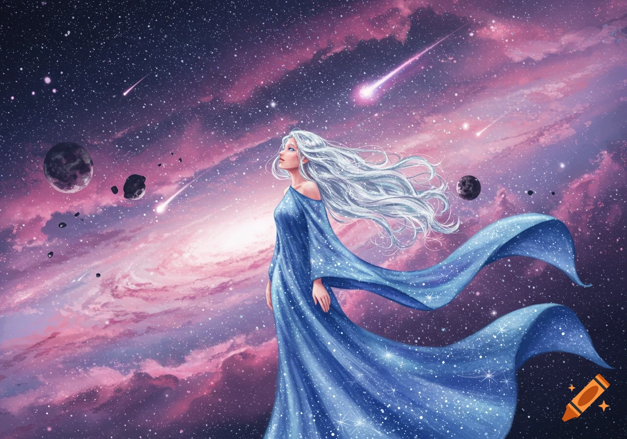 Illustrated woman with flowing white hair and a star-dusted blue dress, looking up at a vibrant purple and pink galaxy with planets and meteors.