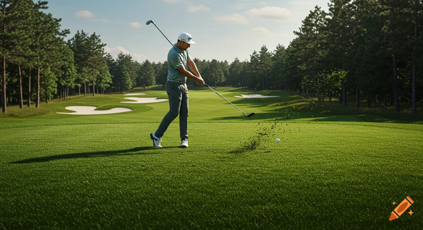 A hyper-realistic image of a professional golfer mid-swing on a lush green course, sending turf and a golf ball flying under a clear sky.