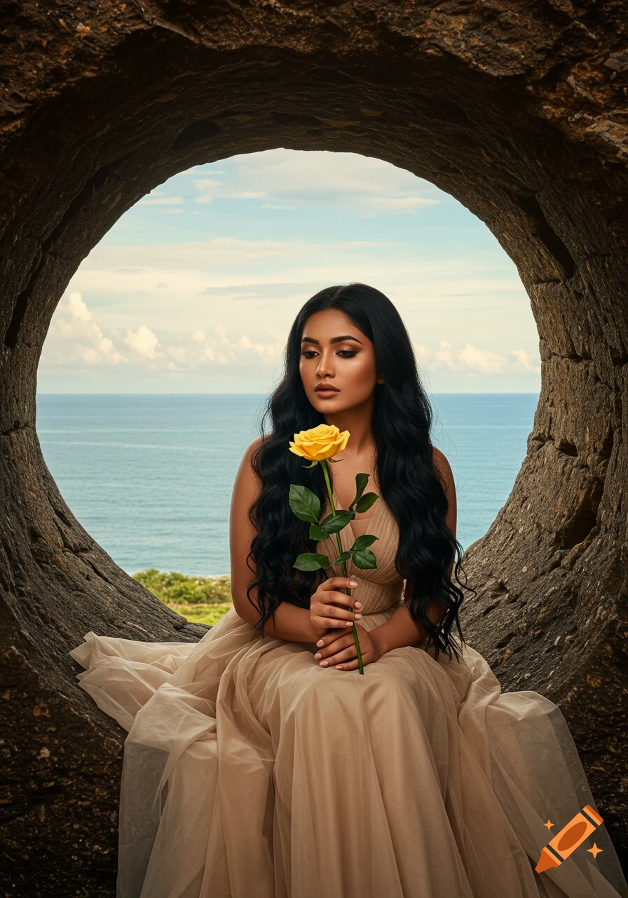 Photorealistic portrait of a woman with long black hair, sitting in a rock arch, holding a yellow rose, with the sea behind her.