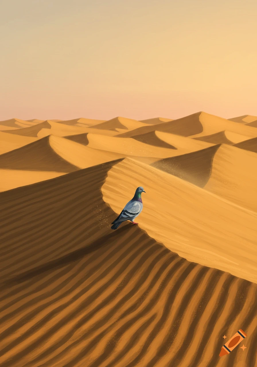 A grey pigeon stands on a rippled sand dune in a vast desert landscape at sunset.