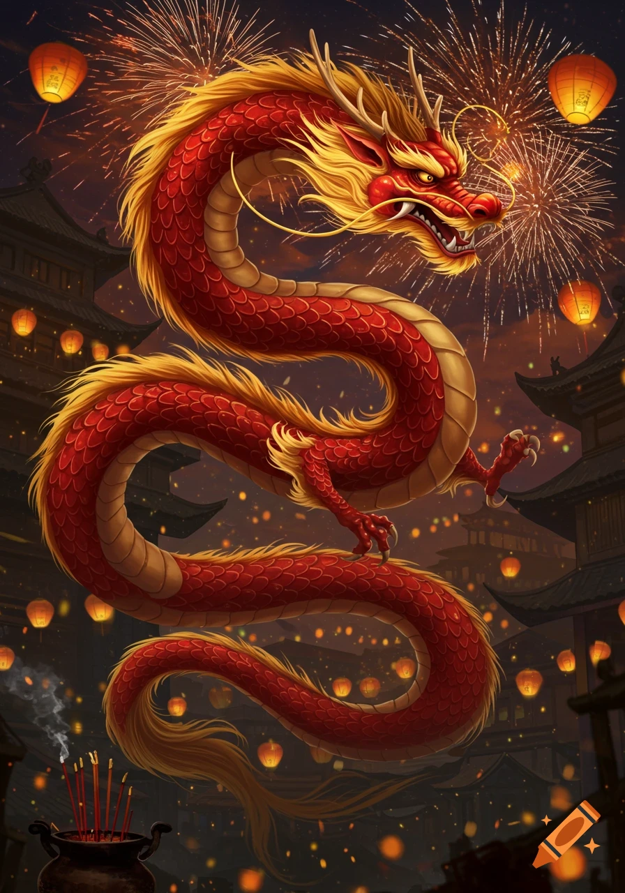 A vibrant red Chinese dragon with golden whiskers coils against a night sky filled with fireworks and glowing lanterns over traditional buildings.