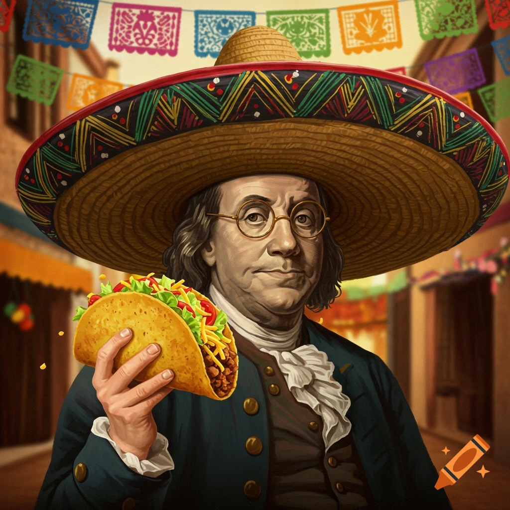 Benjamin Franklin wears a sombrero, holding a taco in a lively street with colorful banners. Photorealistic.