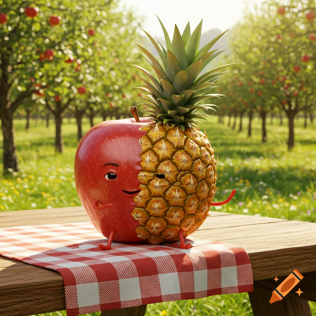 A cheerful apple-pineapple hybrid with cartoon limbs sits on a checkered picnic cloth on a wooden table in an apple orchard.