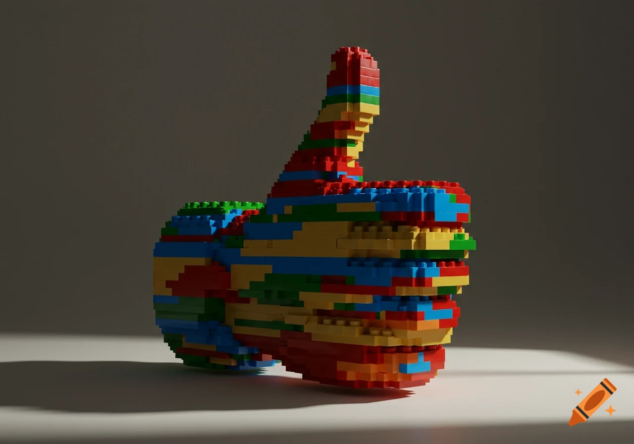 A vibrant 'thumbs up' hand constructed from various colorful Lego bricks, set against a dark background with dramatic lighting.