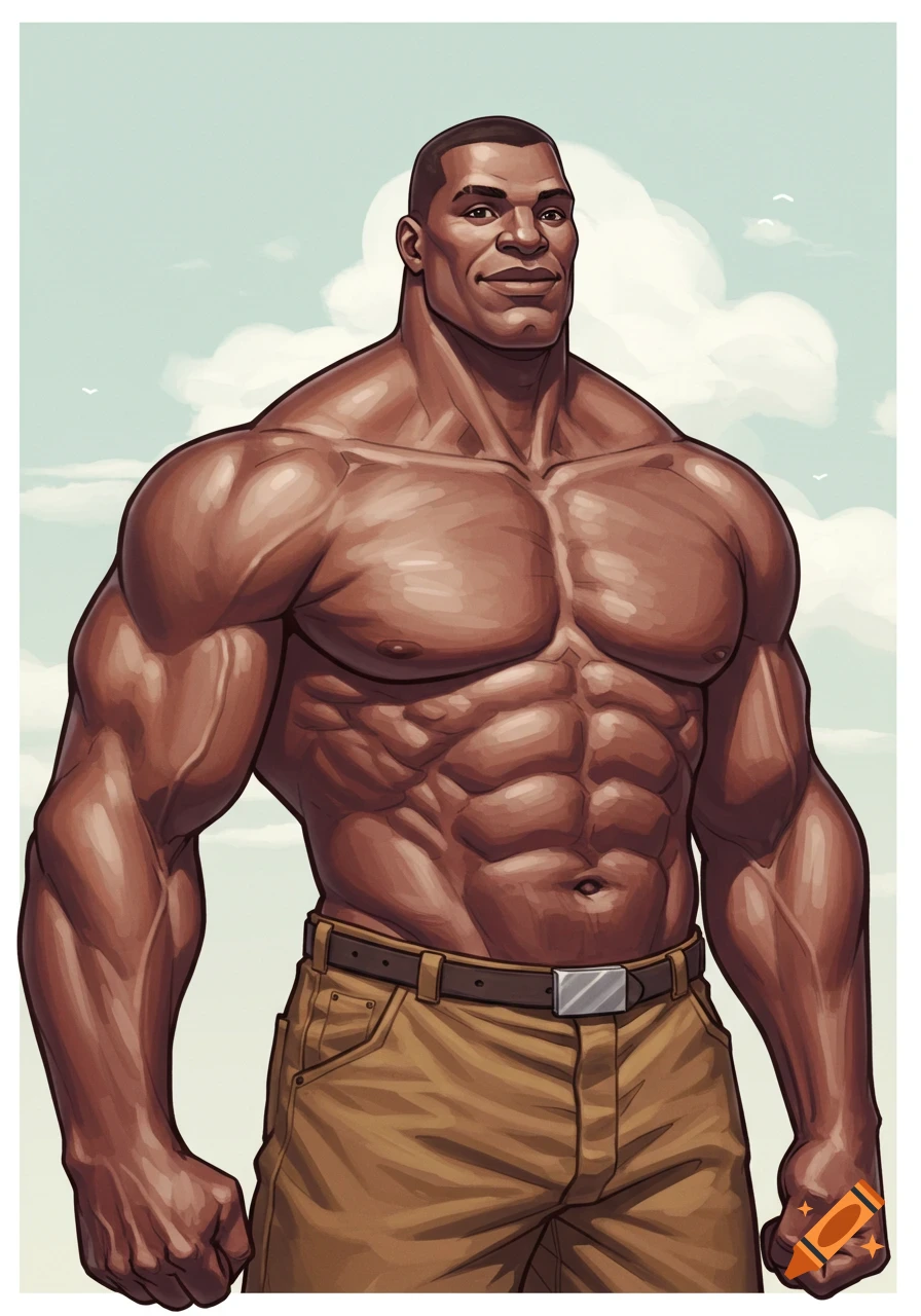 Stylized illustration of a very muscular Black man, shirtless in brown pants, smiling confidently against a cloudy sky.