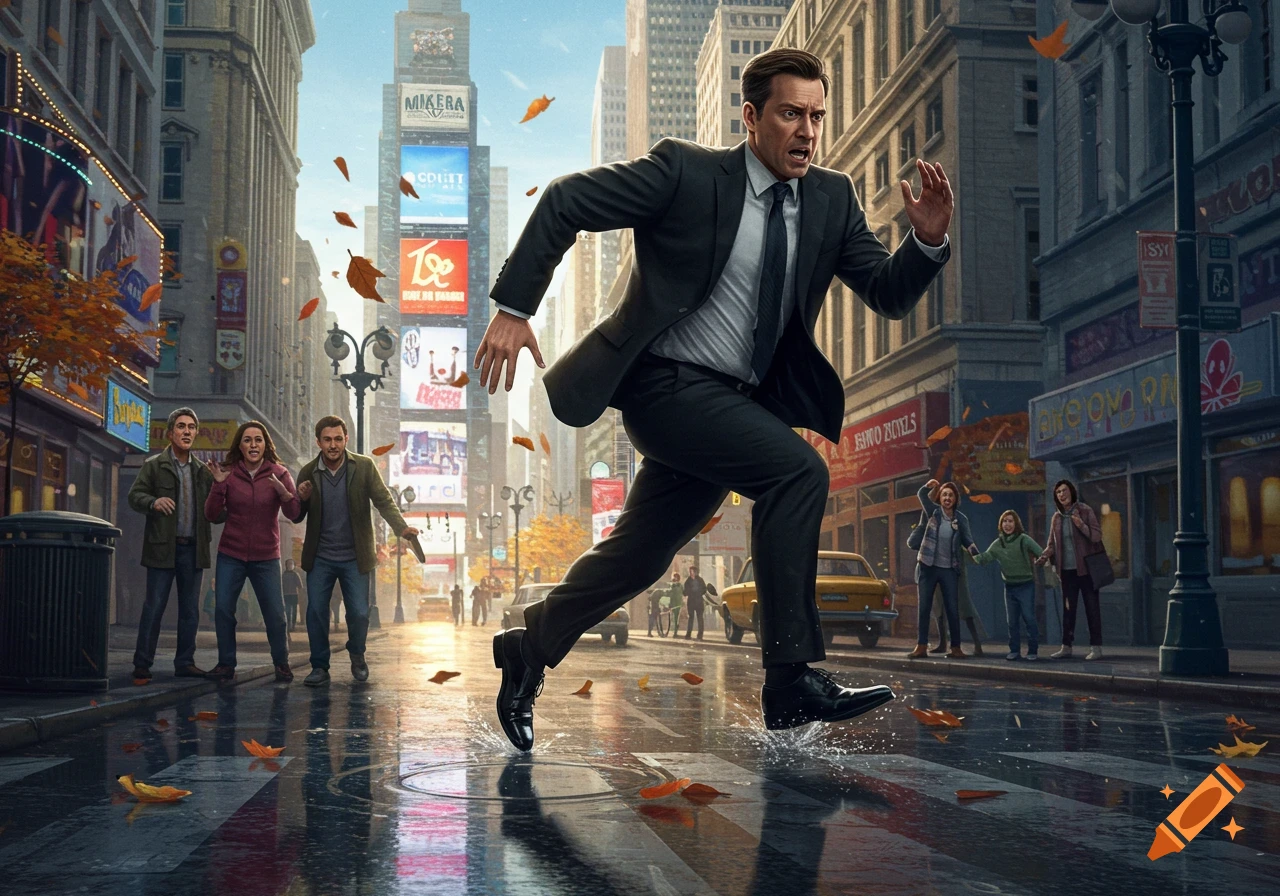A man in a dark suit runs urgently through a rainy city street, splashing water, while startled onlookers watch from the sidewalks. Tall buildings and billboards line the street in a photorealistic style.