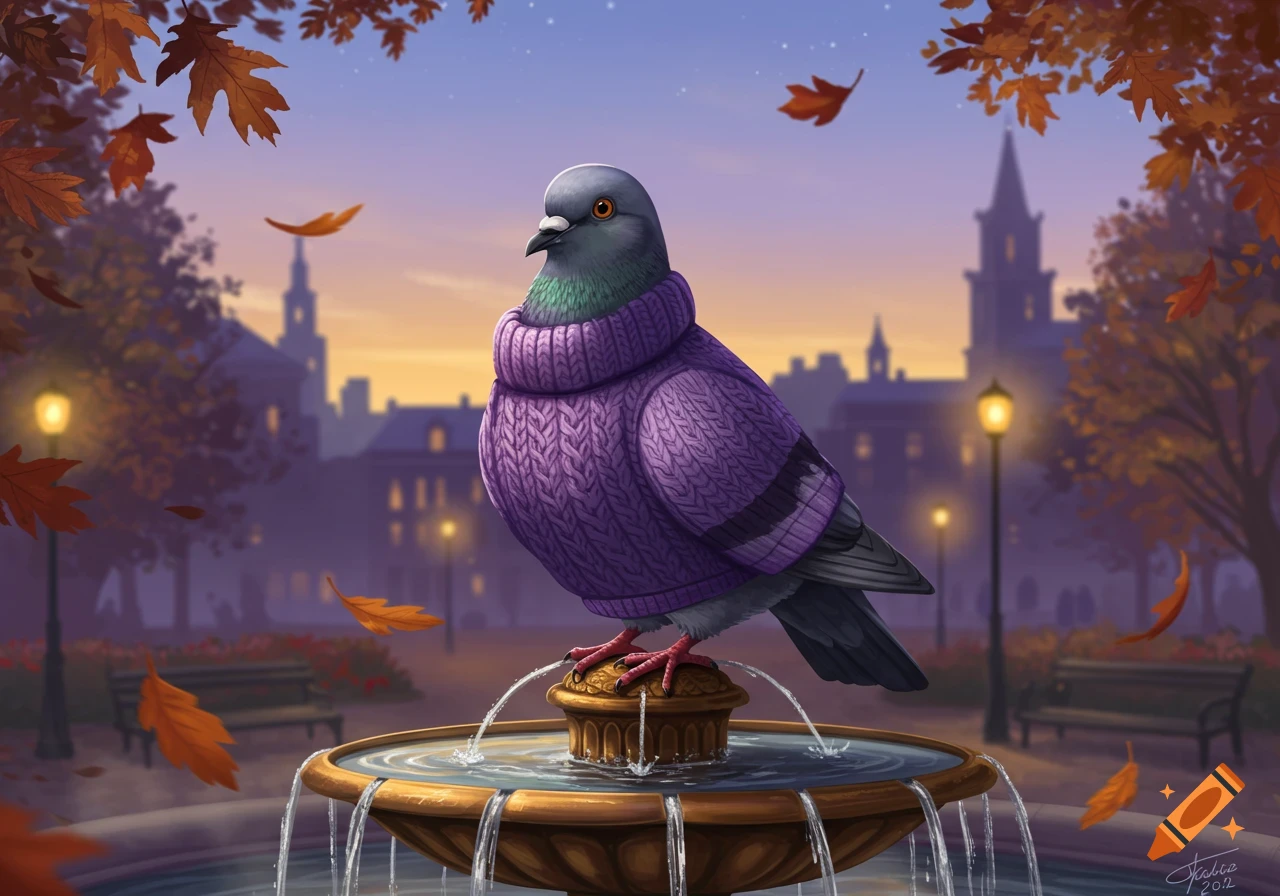A charming illustration of a pigeon wearing a purple knitted sweater, perched on an ornate stone fountain in an autumn park at sunset.