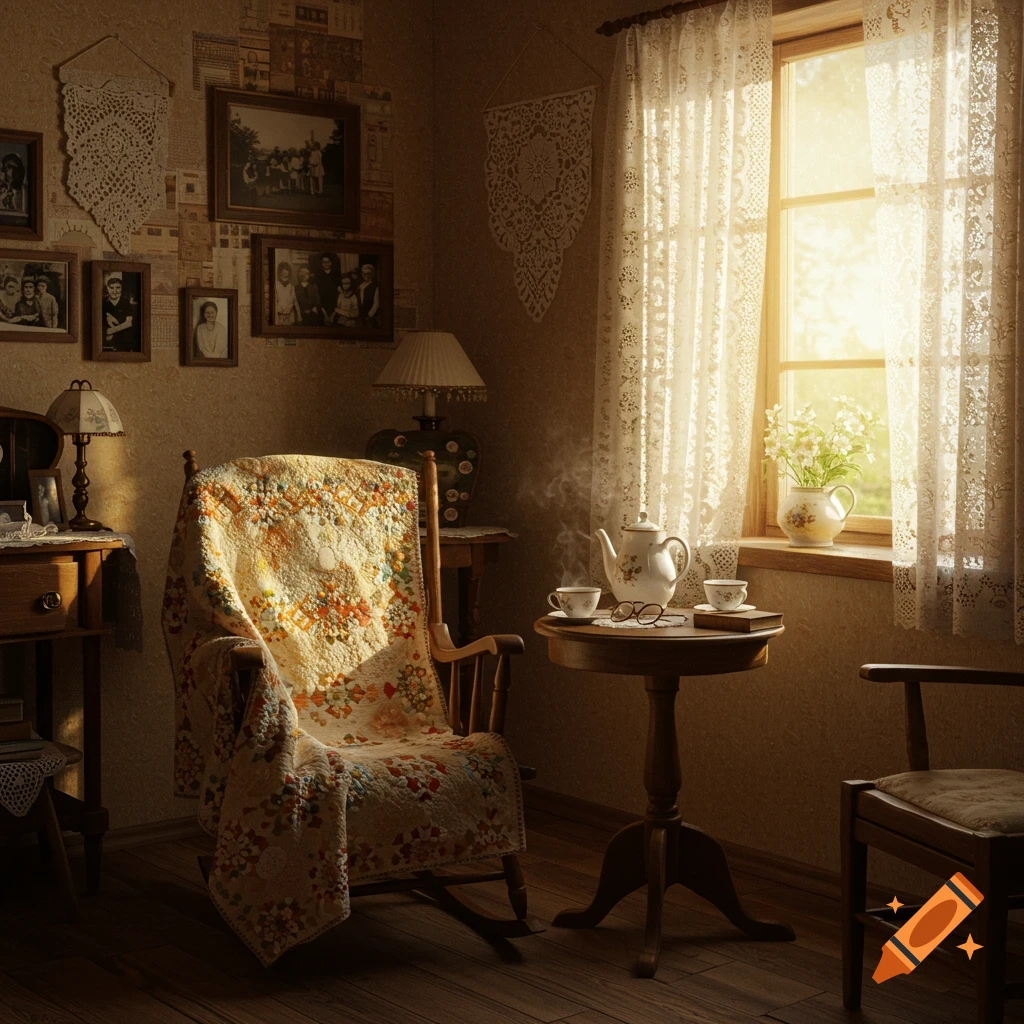 A cozy vintage room with a rocking chair, quilt, and a tea set on a small table, bathed in warm sunlight from a lace-curtained window, photorealistic.