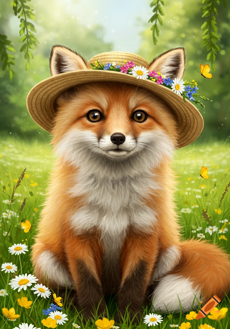 A cute fox wearing a straw hat adorned with colorful flowers, sitting in a vibrant field of green grass and daisies.