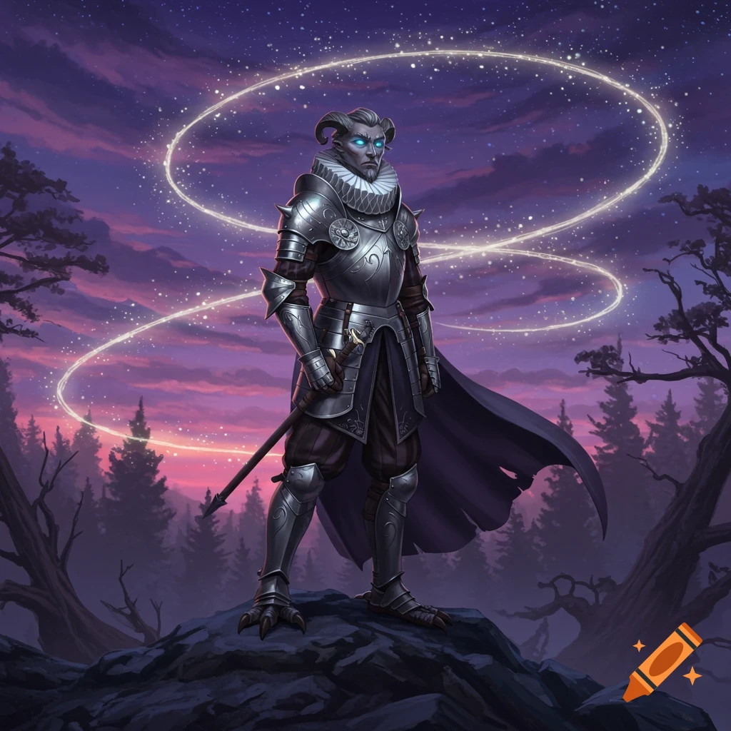 A horned fantasy commander in ornate silver armor and a ruff stands on a rocky outcrop under a purple sunset sky with glowing magic.