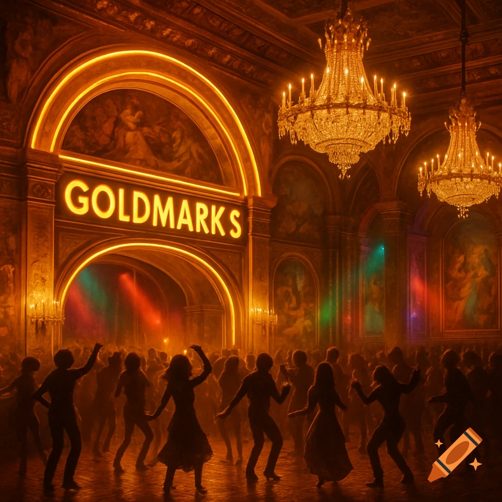 People dancing in a grand club hall with golden neon sign "GOLDMARKS", chandeliers, and dramatic lighting.