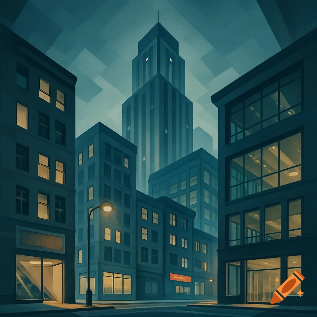 Stylized dark blue cityscape at dusk, featuring tall buildings, a street lamp, and glowing windows.