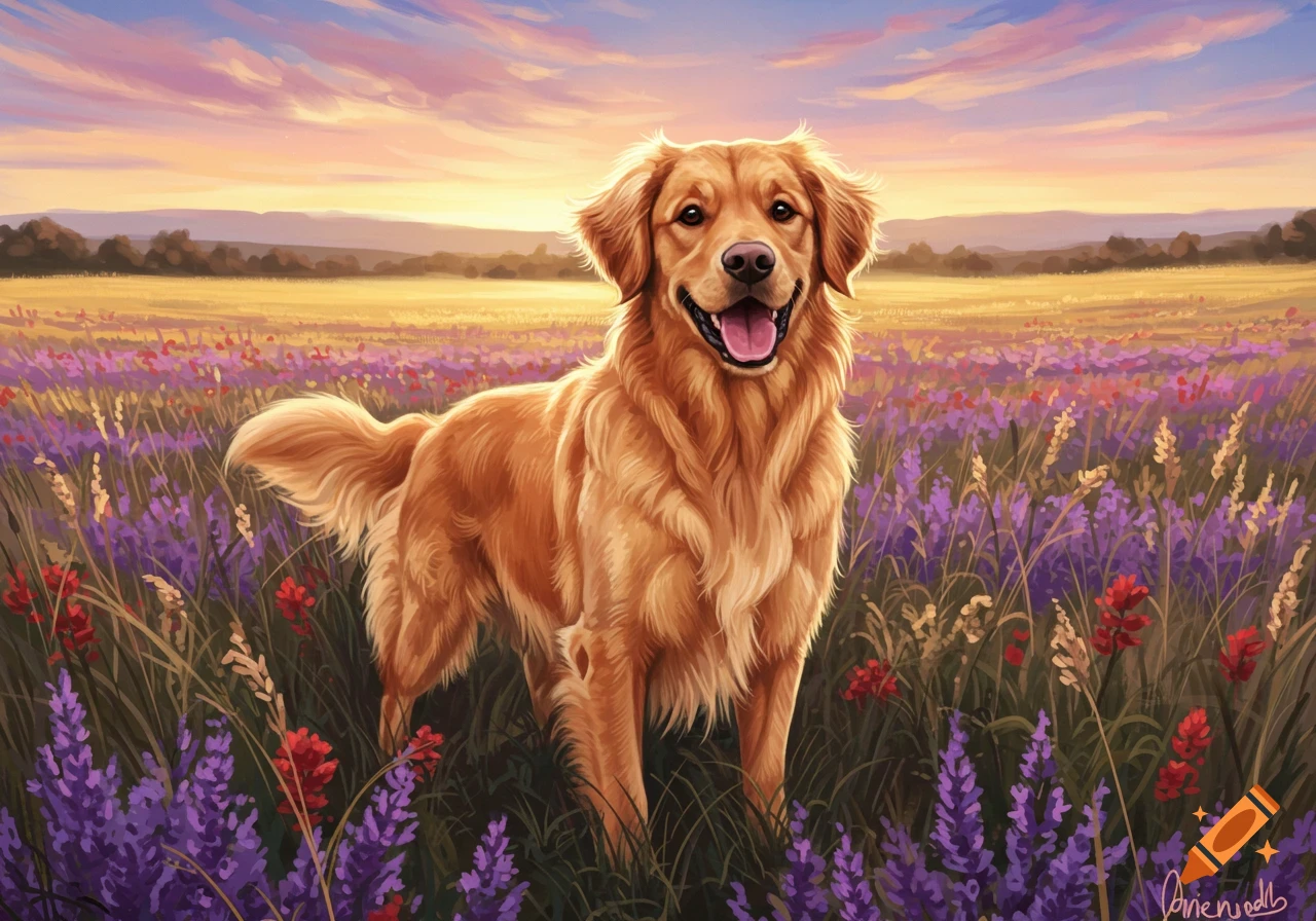 A happy golden retriever smiles in a field of purple and red wildflowers at sunset, digital painting.