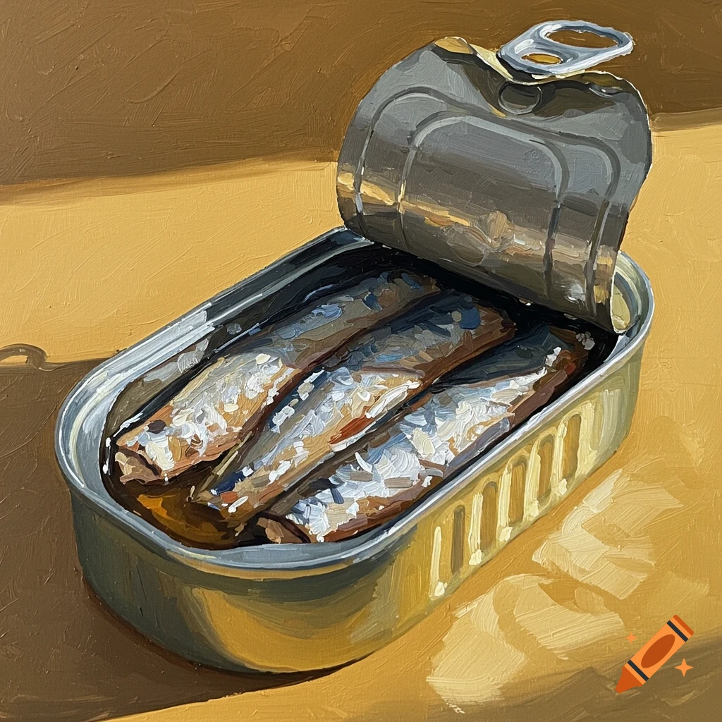 Impressionistic oil painting of an opened sardine can filled with fish, set against a bold yellow background.