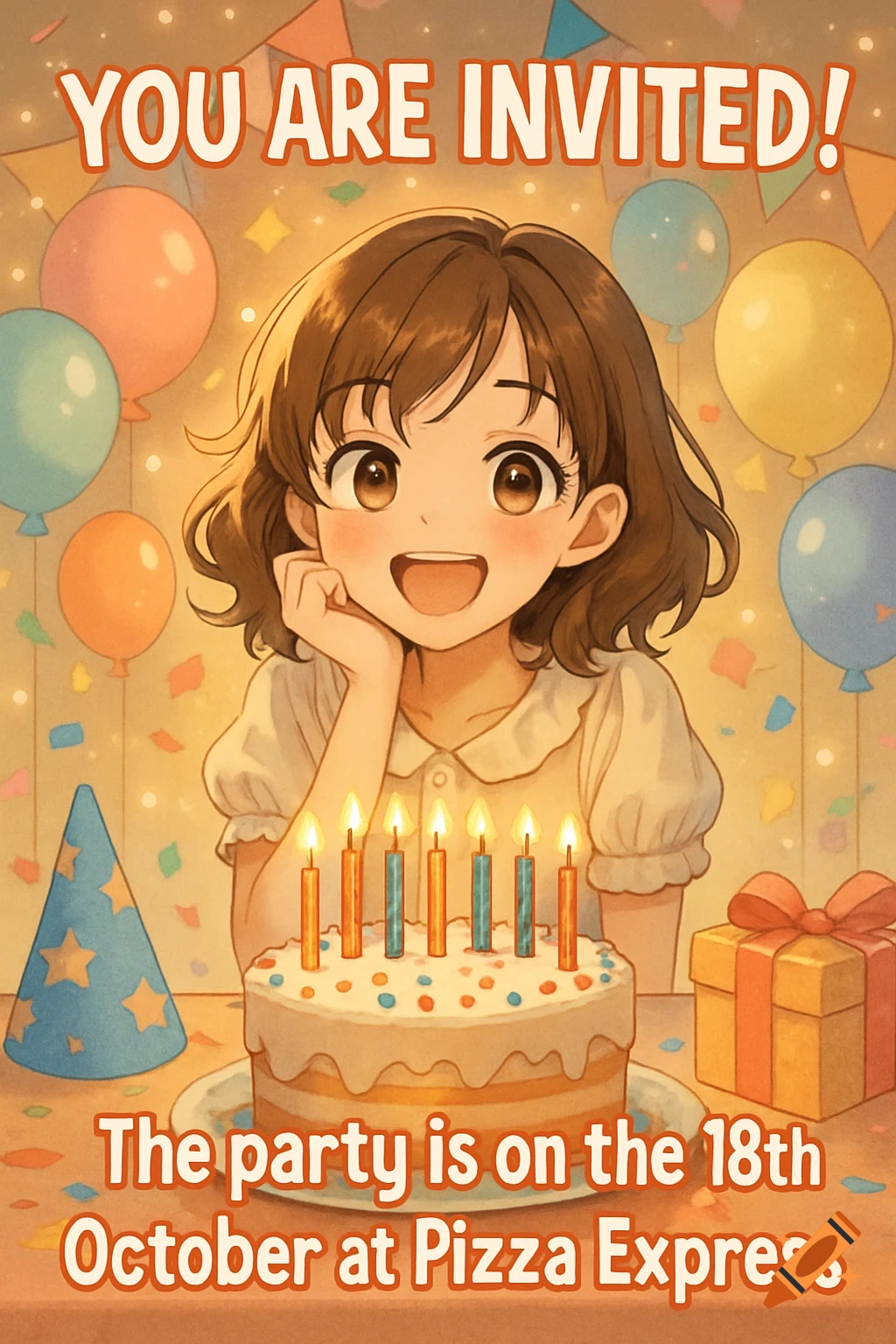 Anime girl at her birthday party with a cake, balloons, and text 'YOU ARE INVITED! The party is on the 18th October at Pizza Express.'