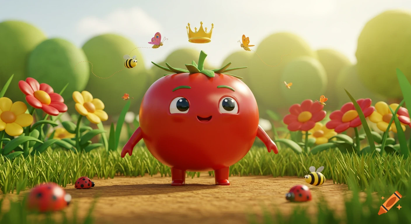 A cute, smiling 3D cartoon tomato in a vibrant garden, looking up at an imagined crown, surrounded by flowers and insects.