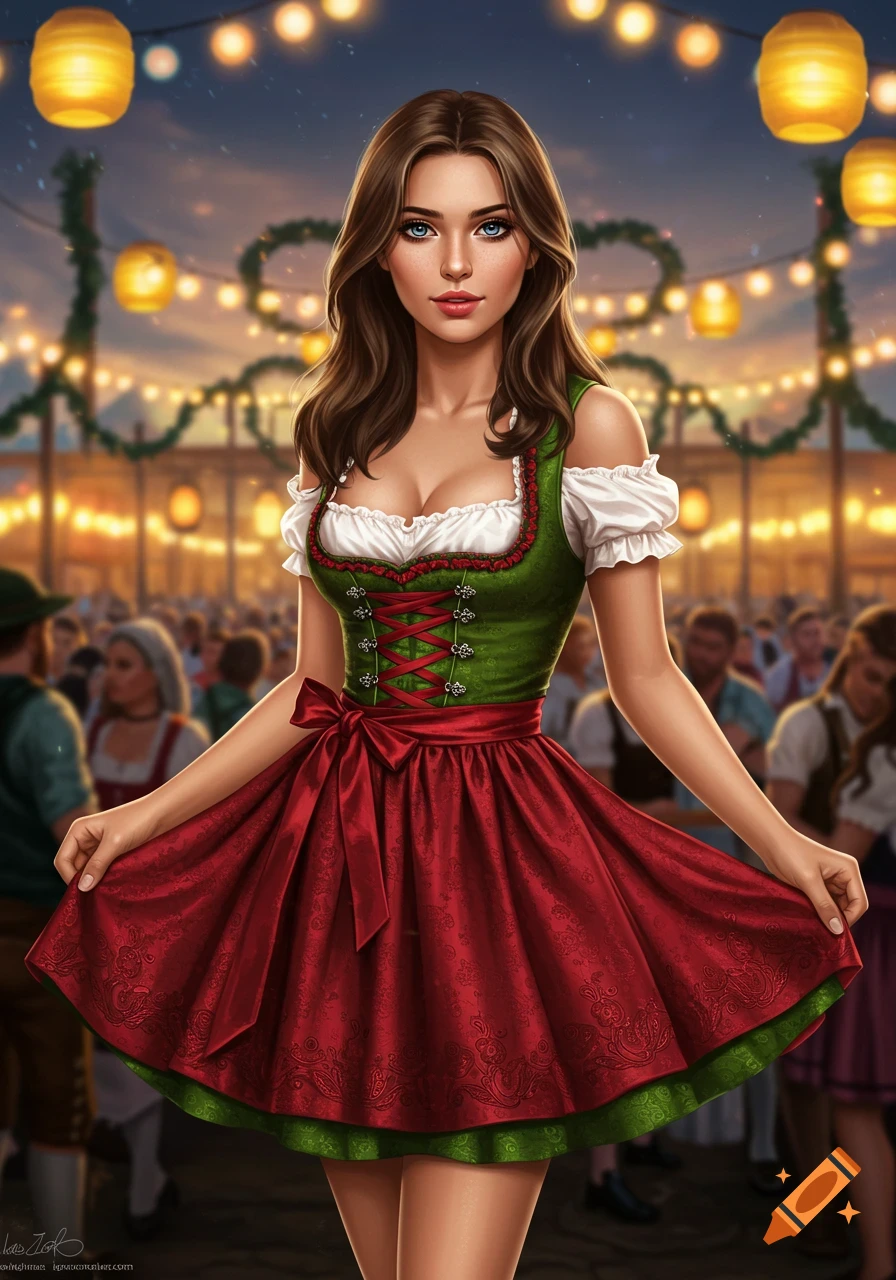 A young woman in a traditional green and red dirndl dress poses at an outdoor festival with glowing lanterns.