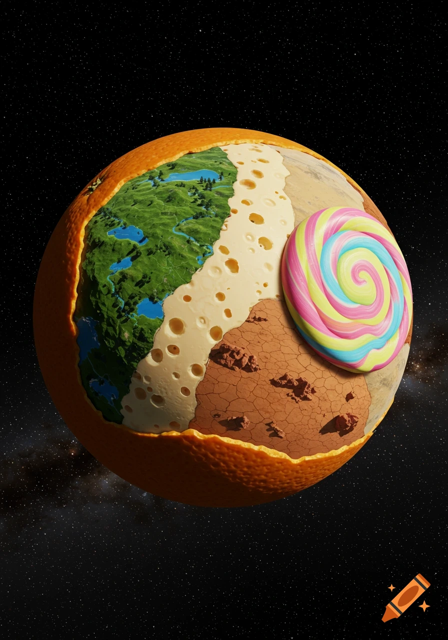 A whimsical planet shaped like a peeled orange in space, showing sections of green land, Swiss cheese, desert, and a colorful lollipop.