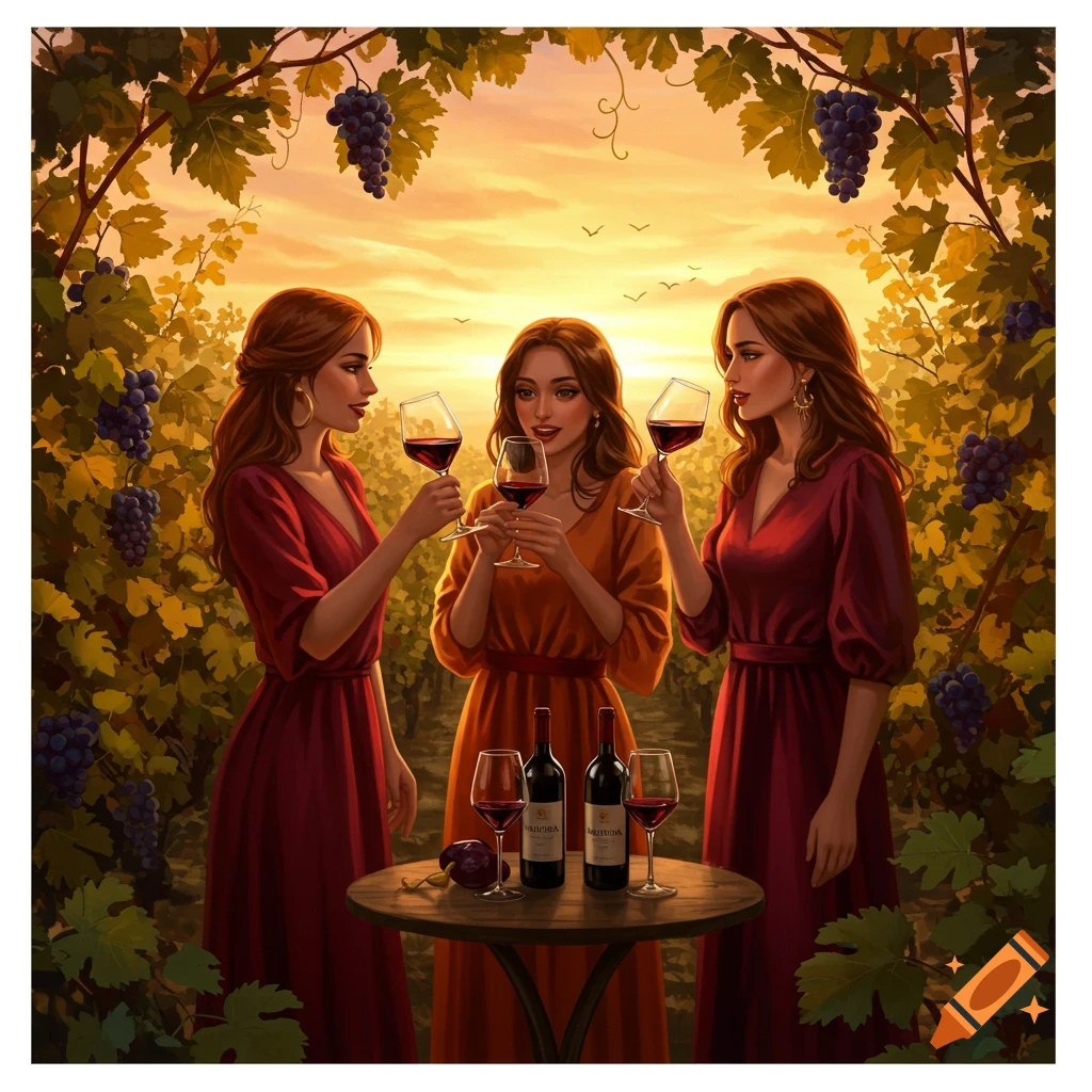 Three women in long dresses toast with wine glasses in a golden vineyard at sunset, with wine bottles on a table. Illustrated style.