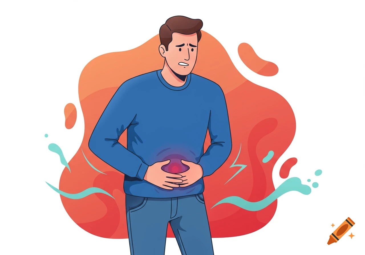 Vector illustration of a man clutching his stomach in pain, with a red glow around his abdomen indicating discomfort.