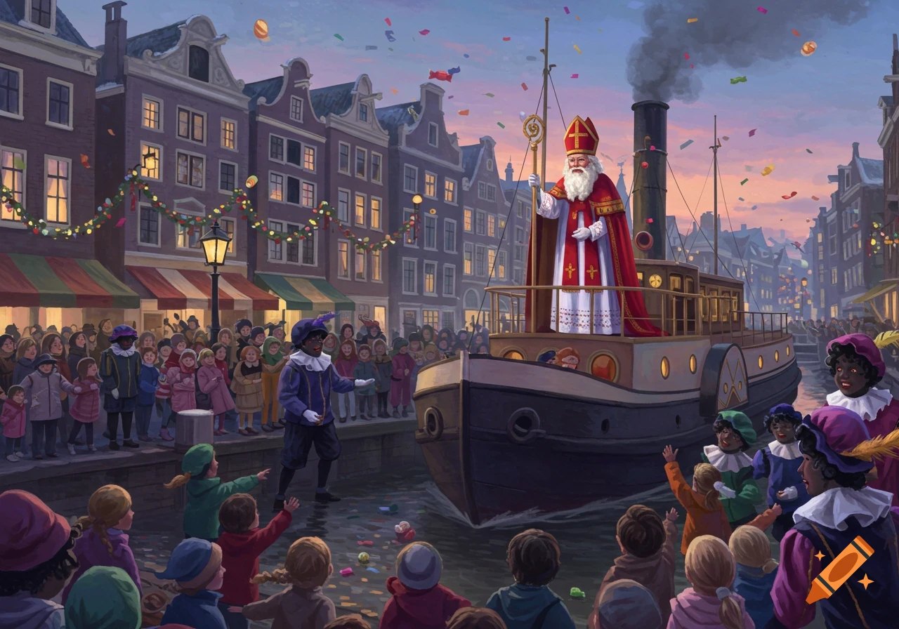 Sinterklaas on a steamboat arrives in a festive canal city, greeted by a crowd of children and adults, with confetti falling.