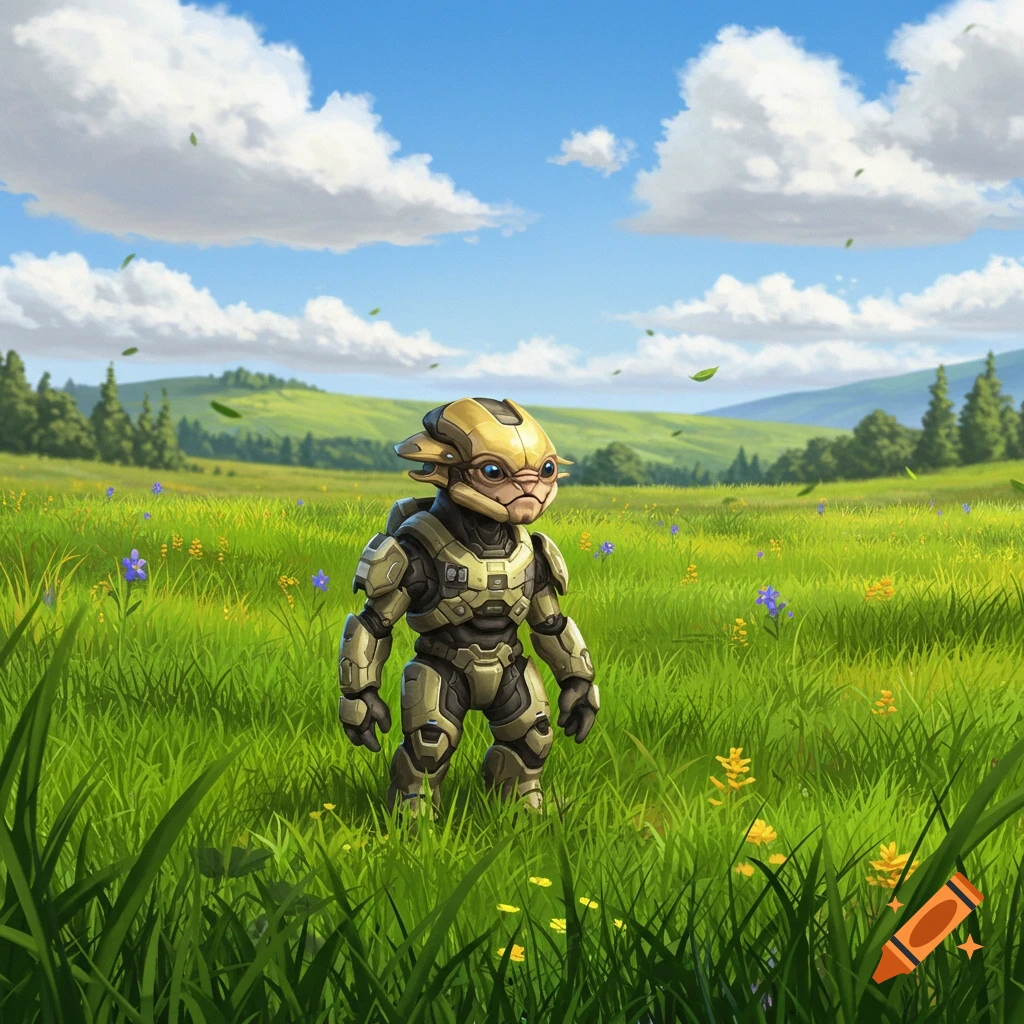 A stylized Halo 3 Grunt alien standing in a vibrant green field with wildflowers under a blue sky.