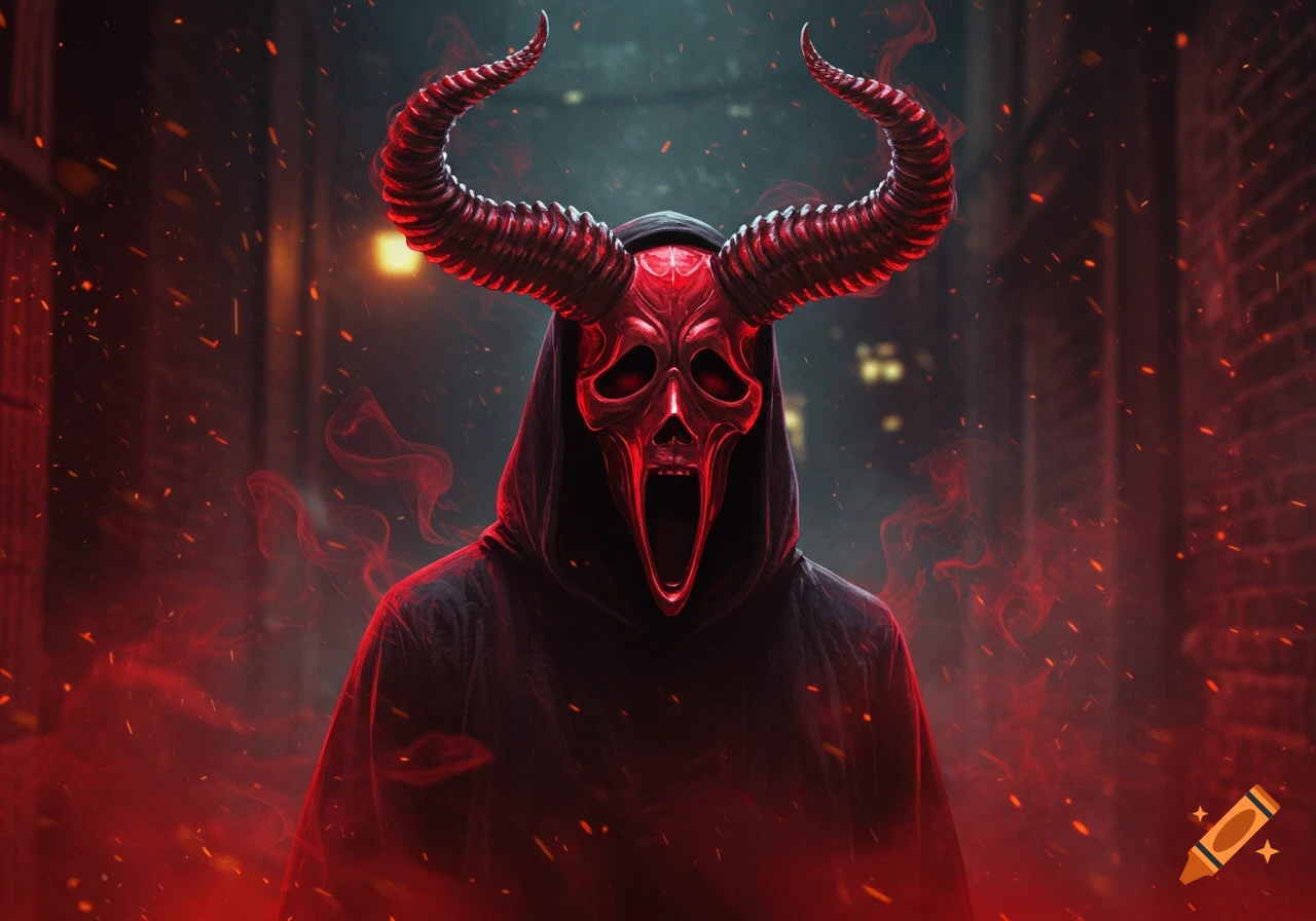 A dark figure in a black hood and a menacing red horned mask stands in a smoky, fiery alleyway.