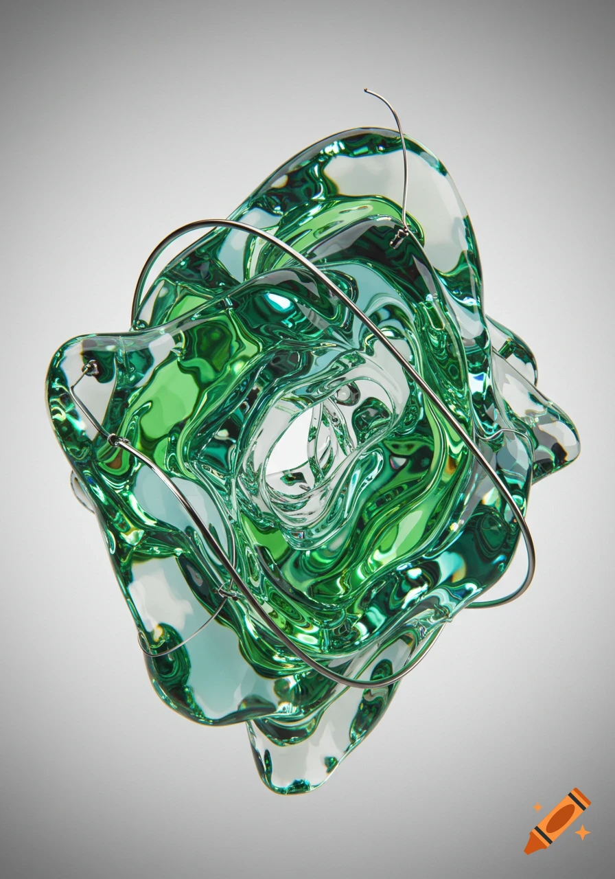 Abstract 3D render of swirling green and clear liquid glass with thin metal wires on a light gray background.
