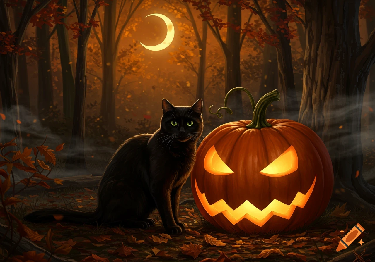 A black cat with green eyes sits next to a glowing jack-o'-lantern in a dark, autumn forest under a crescent moon.
