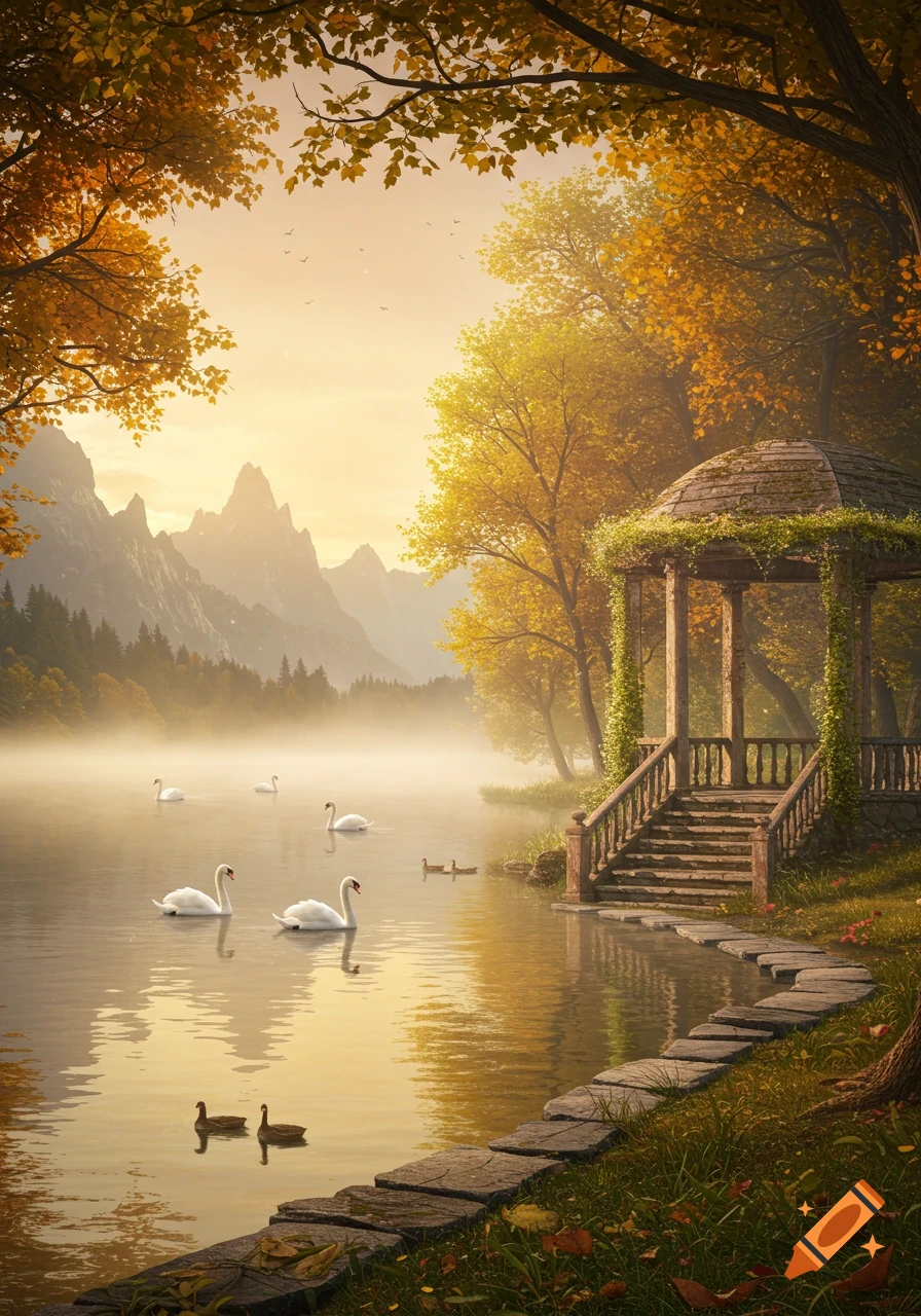 A serene autumn landscape with swans on a misty lake, framed by golden trees and mountains, featuring a stone gazebo.