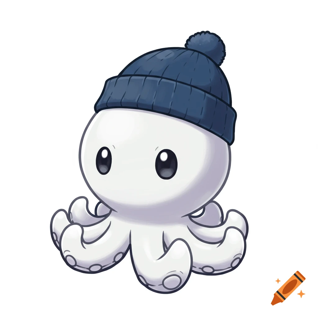 A cute white cartoon octopus with large eyes wears a navy blue knit beanie with a pom-pom. Styled as a Pok 00e9mon starter.