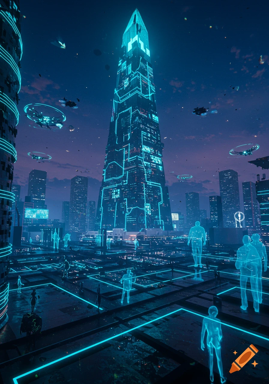 A vibrant, futuristic city at night, featuring a towering skyscraper glowing with neon circuits, flying vehicles, and translucent blue figures.