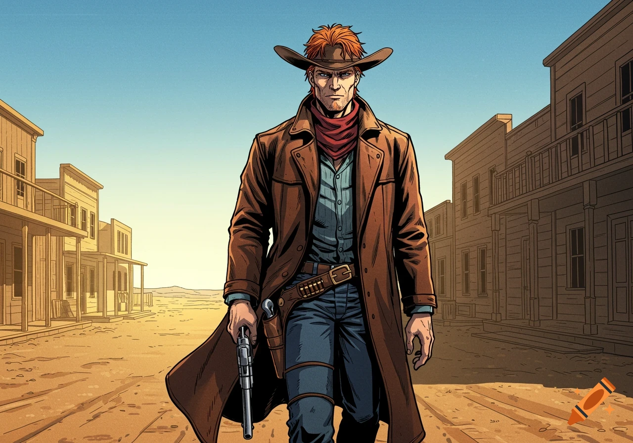 A comic-style cowboy with red hair and a duster coat stands in a dusty Old West town, hand on his pistol.