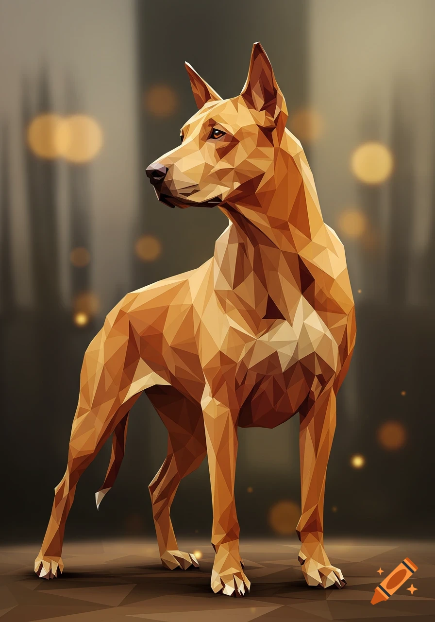A stylized brown dog in a low-poly art style, standing with a blurred, warm-toned background.