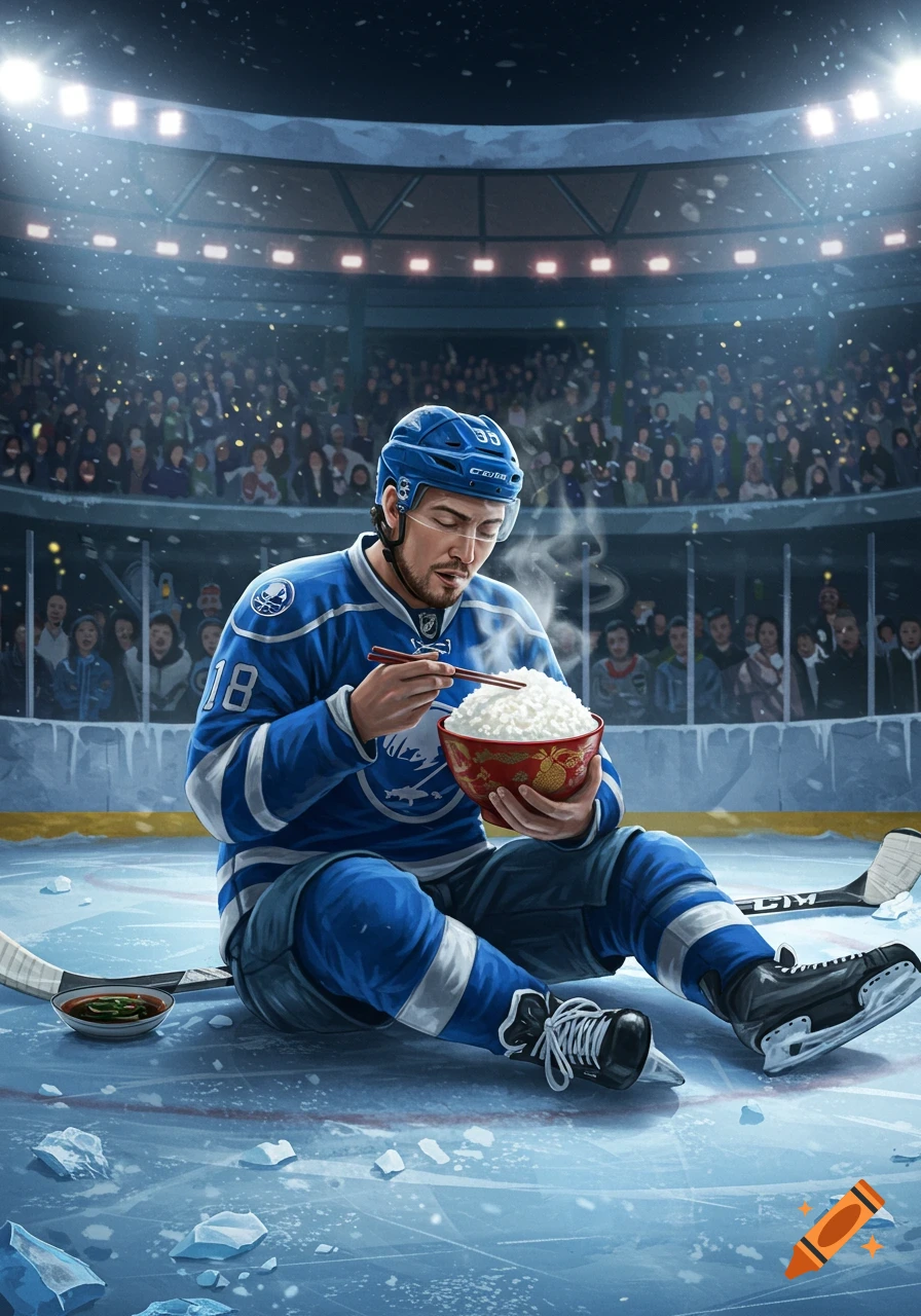 A hockey player in a blue jersey sits on an ice rink, eating a large bowl of steaming white rice with chopsticks. It's an illustration.
