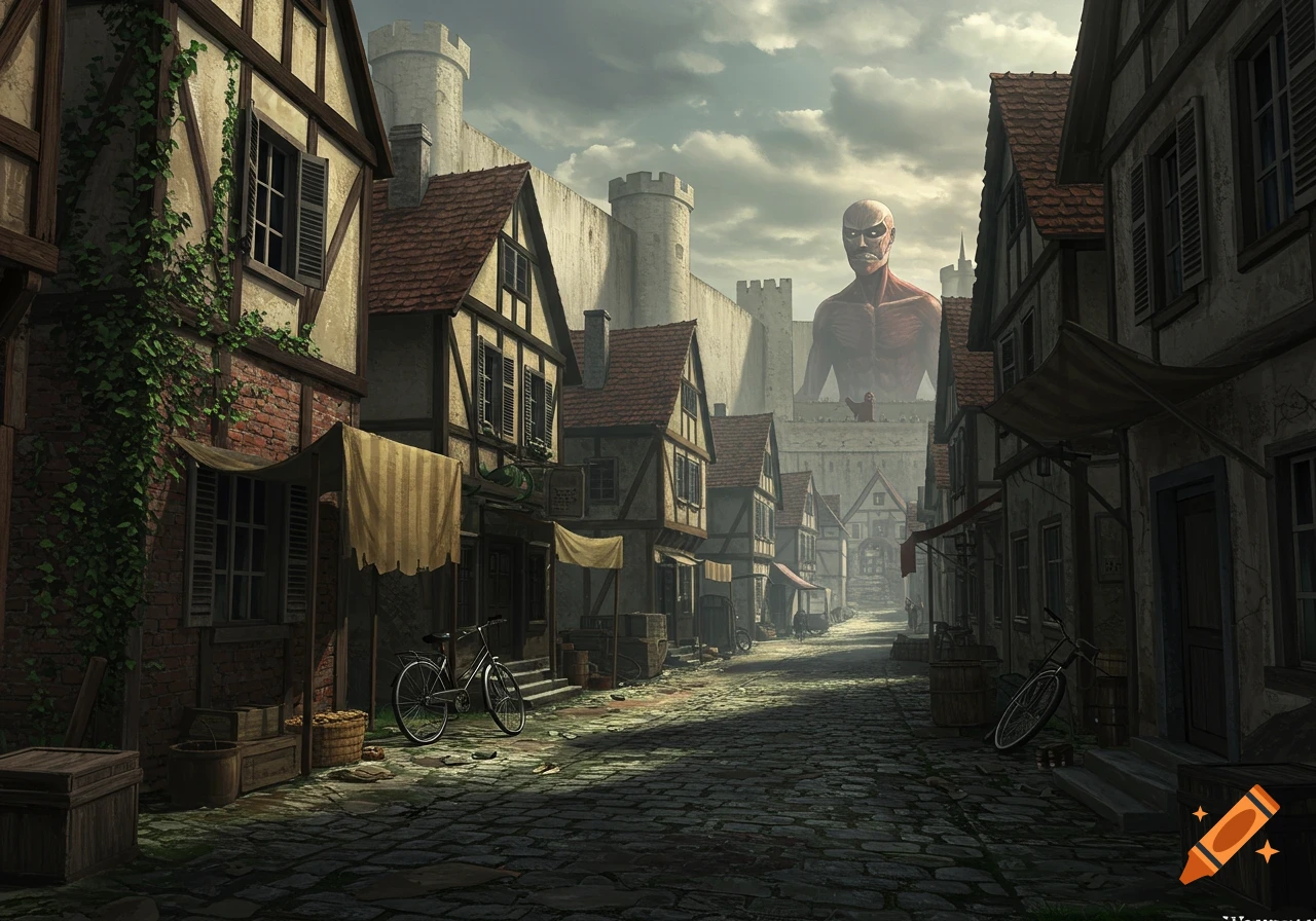 A giant, skinless humanoid figure peers over a medieval town's wall on a cloudy day. A cobblestone street leads through the town.