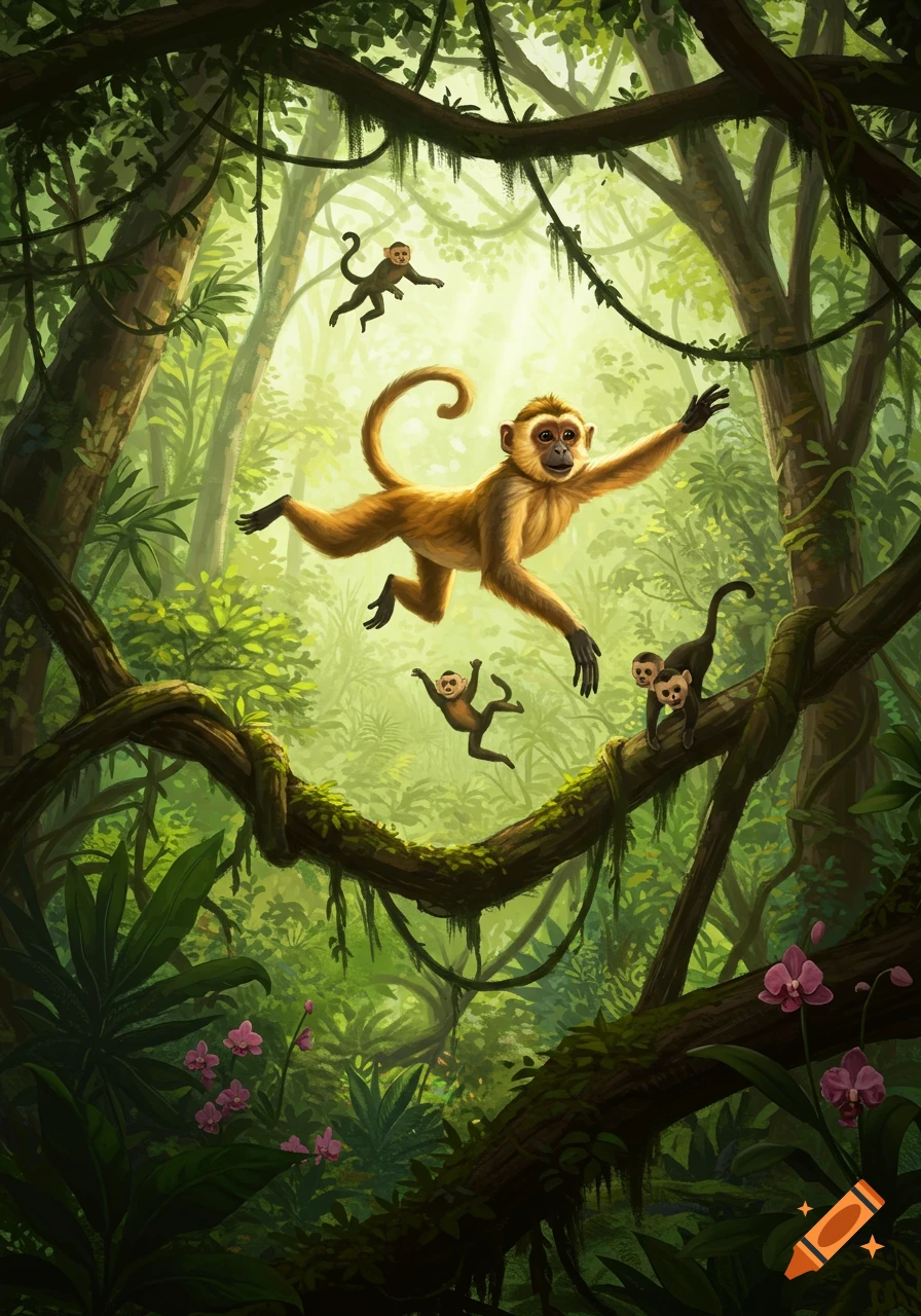 An illustrated scene of several monkeys leaping and climbing through a lush green jungle canopy with bright light.