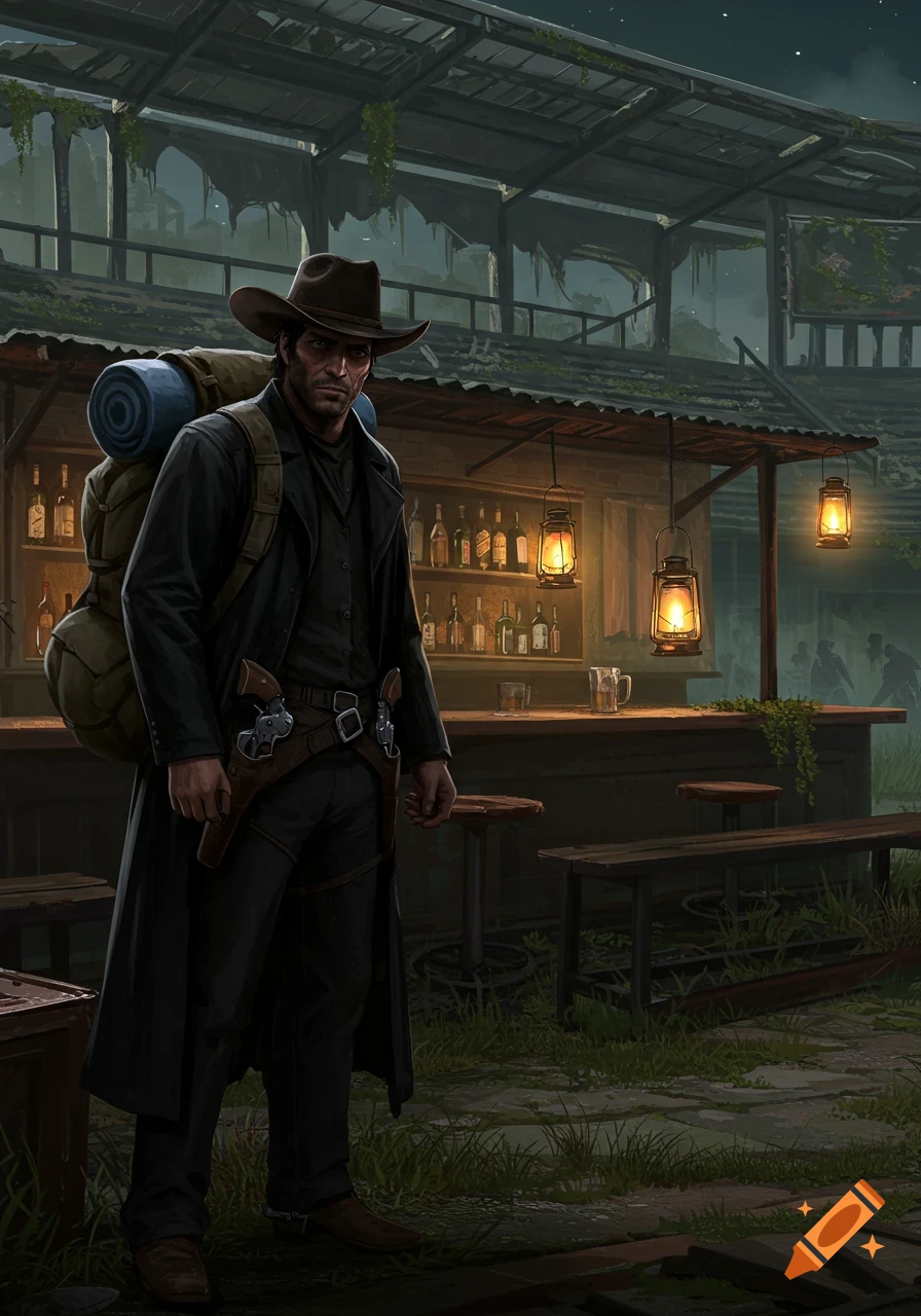 A man in a black duster and cowboy hat with revolvers and a backpack stands in a makeshift bar within stadium ruins at night, DnD art style.