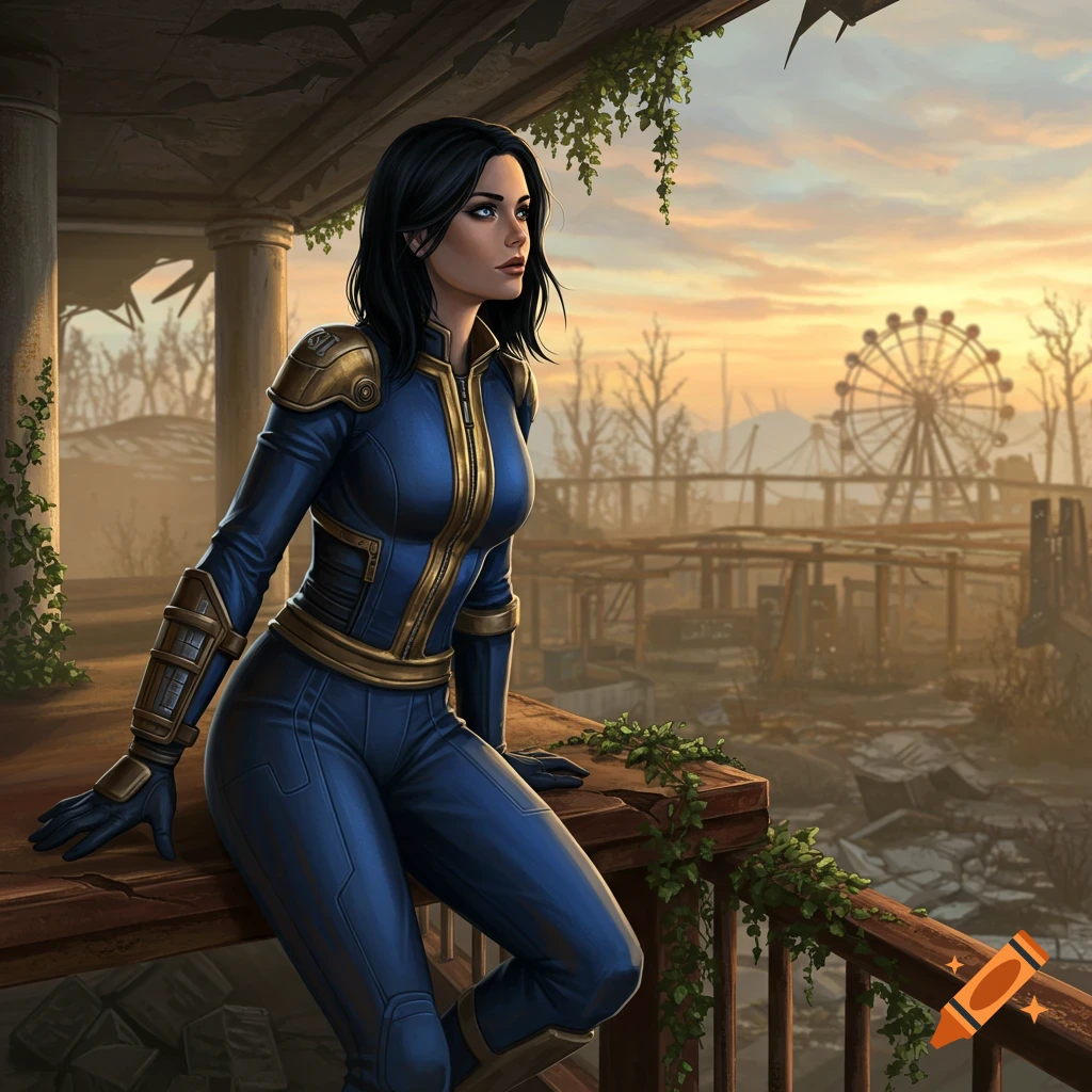 An illustrated woman in a blue and gold vault suit sits on a ruined balcony, gazing at a dilapidated amusement park at sunset.