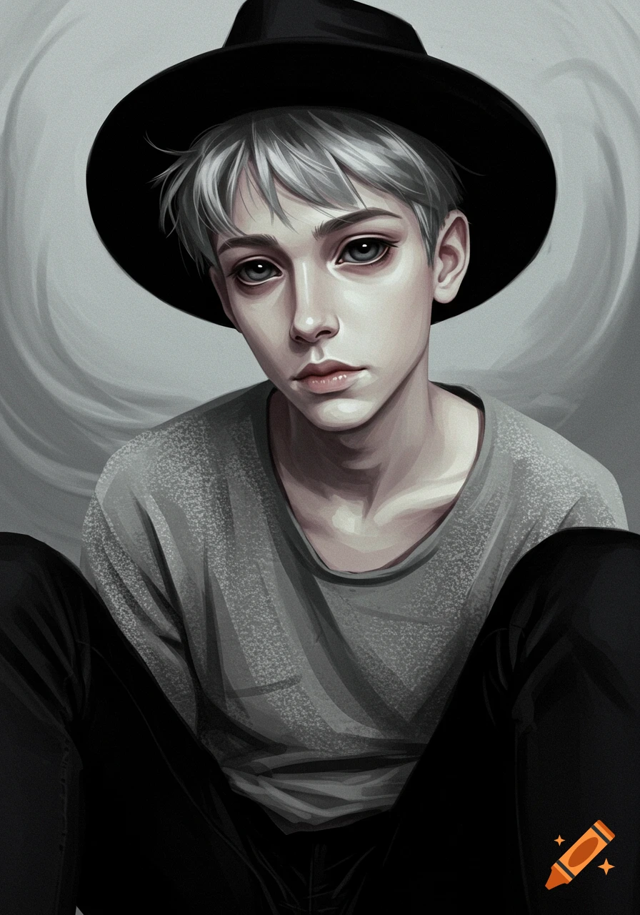 A digital art portrait of an androgynous person with pale skin and messy gray hair, wearing a black hat, grey shirt, and black pants, looking forward.