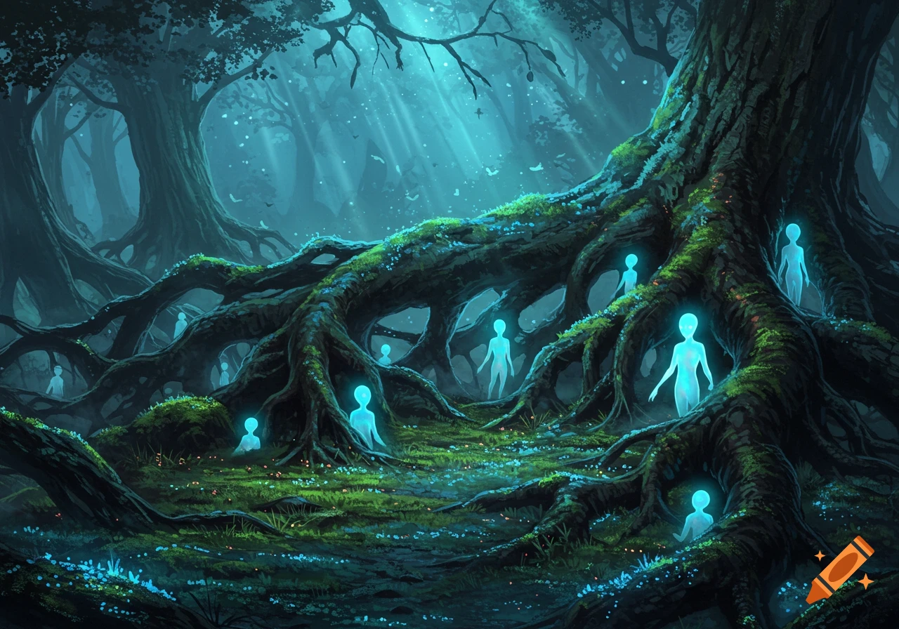 A dark, ethereal fantasy forest with massive root-covered trees and glowing, humanoid figures emerging from the roots.