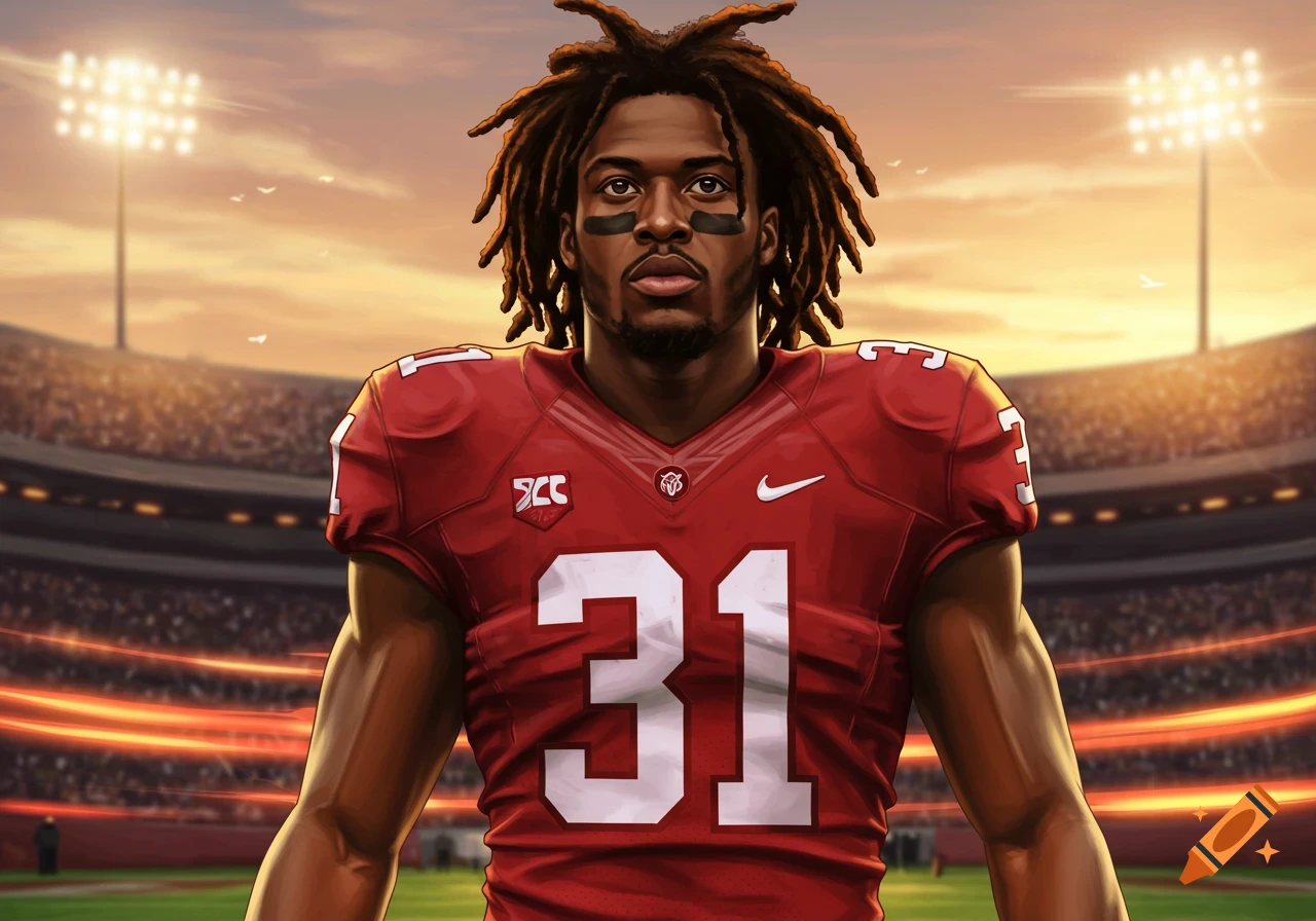 A stylized illustration of a Black football player with dreadlocks in a red number 31 jersey, in a stadium at sunset.