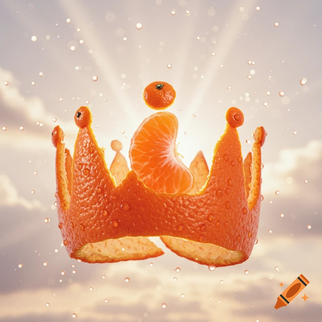Photorealistic crown made of tangerine peel and fruit, adorned with water droplets, against a bright, cloudy sky with sun rays.