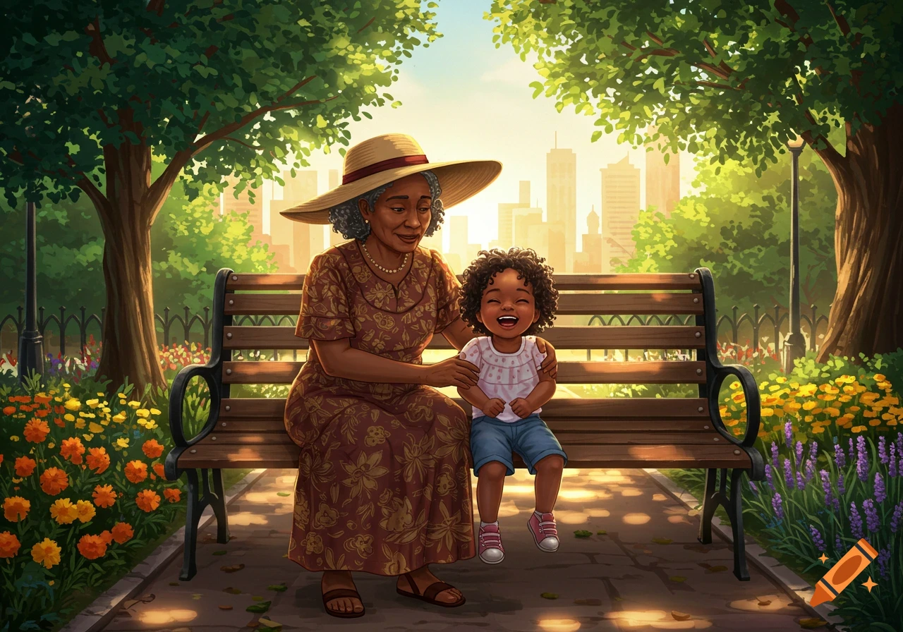 Digital art of a smiling older Black woman and young Black girl on a park bench with flowers and a city skyline.