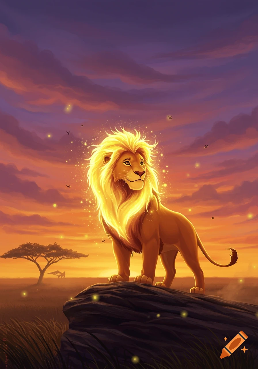 Majestic animated lion with a glowing mane stands on a rock at sunset in a vibrant savanna, Lion King style.