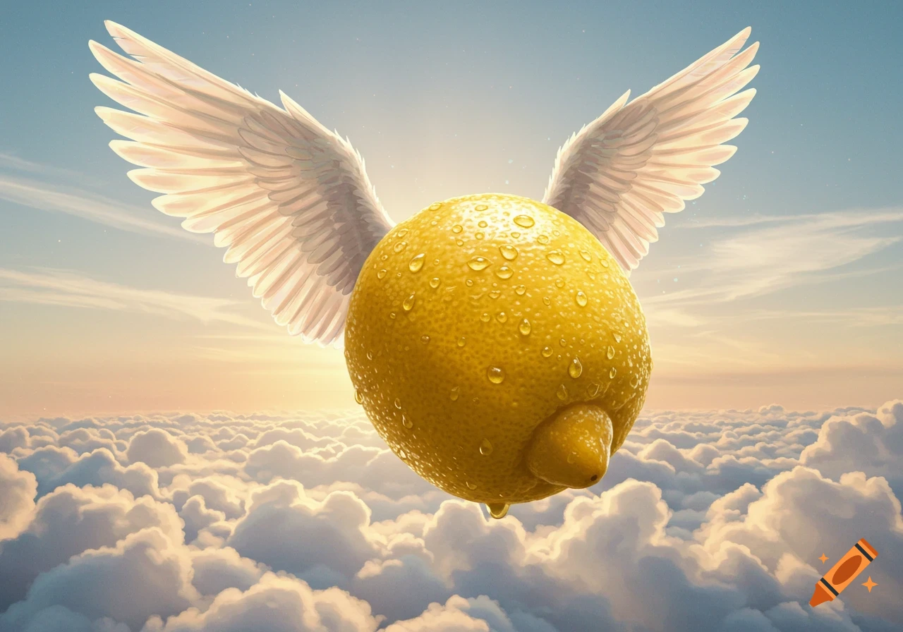 A shiny, wet lemon with white angel wings floats above sunlit clouds in a bright sky, rendered in a realistic style.