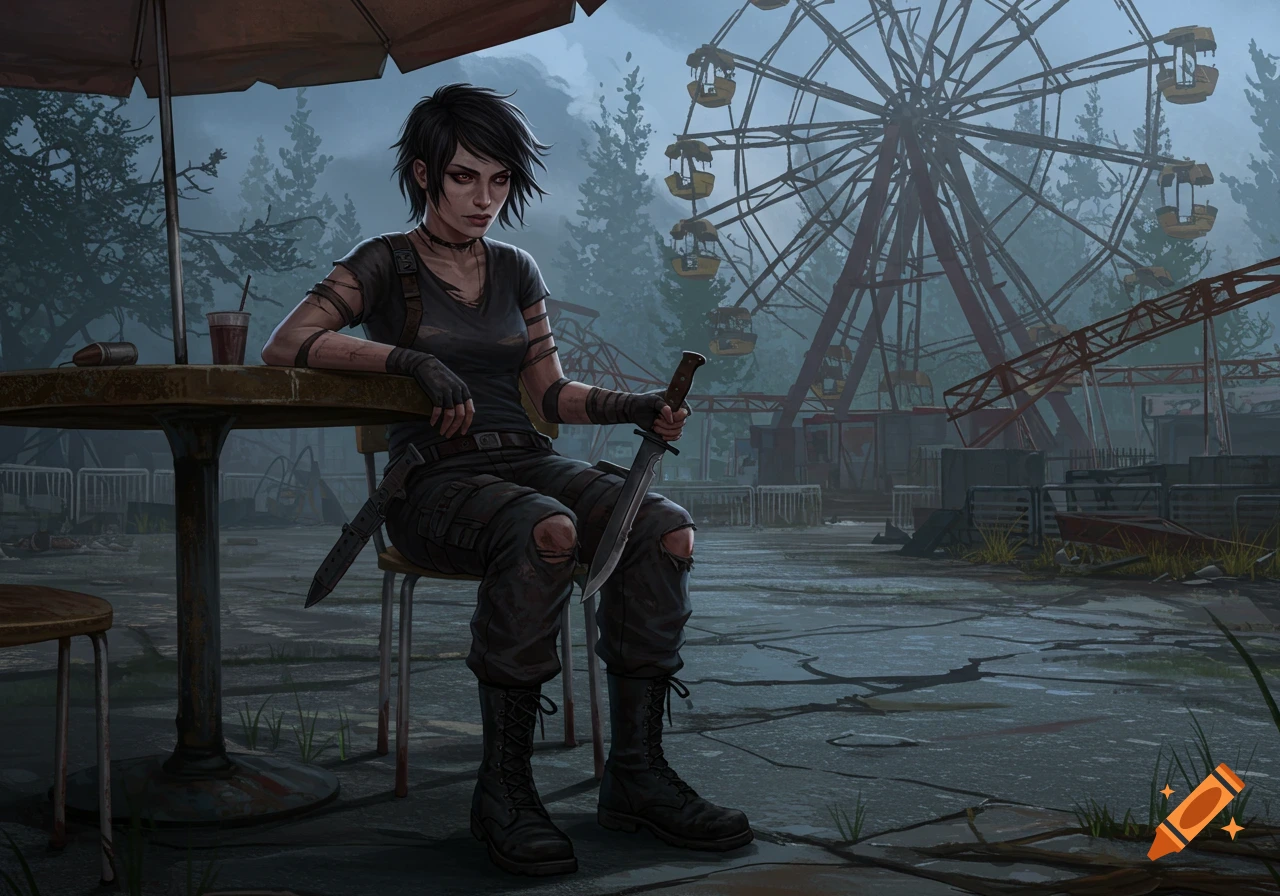 A dark-haired woman in combat gear holds a knife, seated at a table in a desolate, ruined theme park with a large ferris wheel. Digital painting.